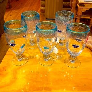 5 handblown glass Goblets in Aqua design
